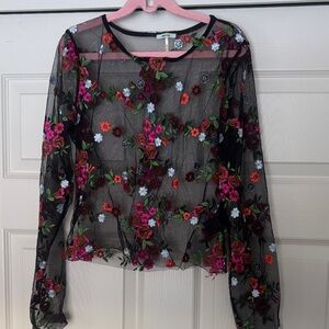 Kimchi Blue Black Sheer Top with Floral Embroidery